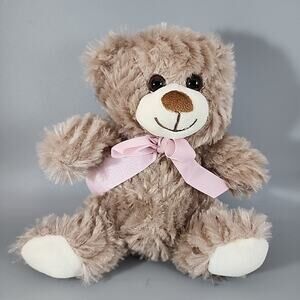 Burton & Burton Teddy Bear - Light Brown Fluffy Plush Stuffed 8" Tall Pink Bow